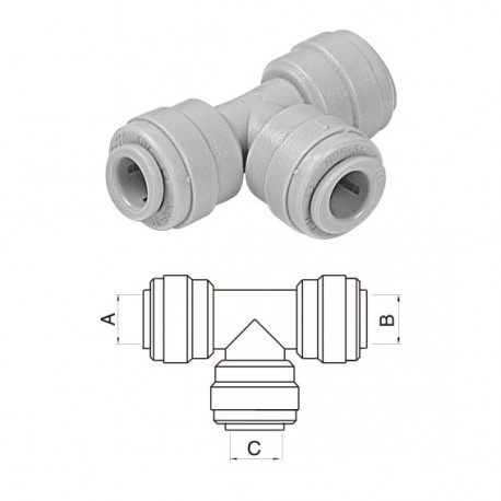 Tee union OD Tube (A)1/2" x (B)1/2" x (C)3/8"