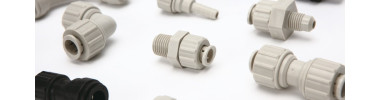 Acetal power fittings for use with stainless steel tubing (Inch/Metric)